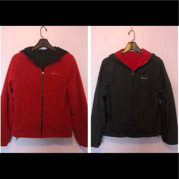 CHAMPION REVERSIBLE BLACK/RED FLEECE & NYLON HOODIE/JACKET • sz M - Picture 12 of 17